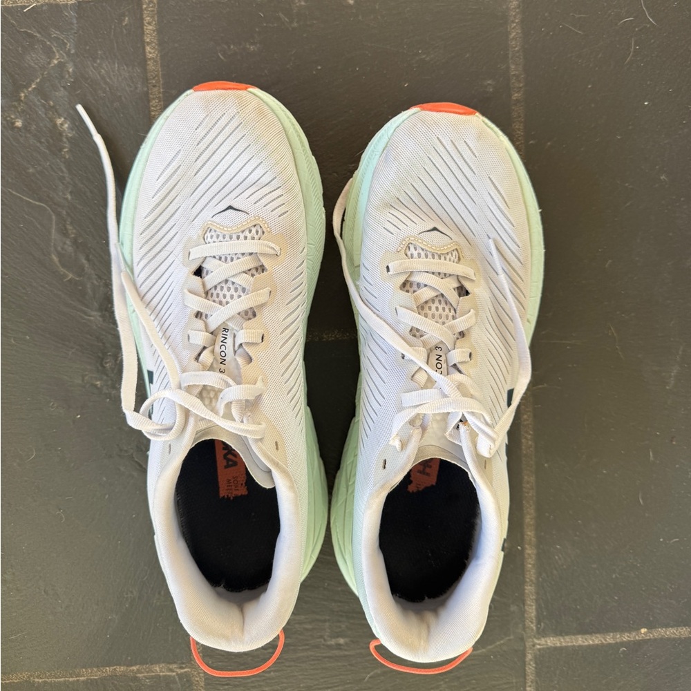 Hoka Rincon 3 - White and Mint Running Shoes with Orange Accents
